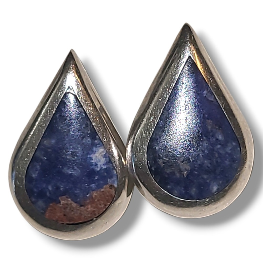 Mexico TM-181 950 Silver Lapis Lazuli Teardrop Earrings Taxco Pierced VTG